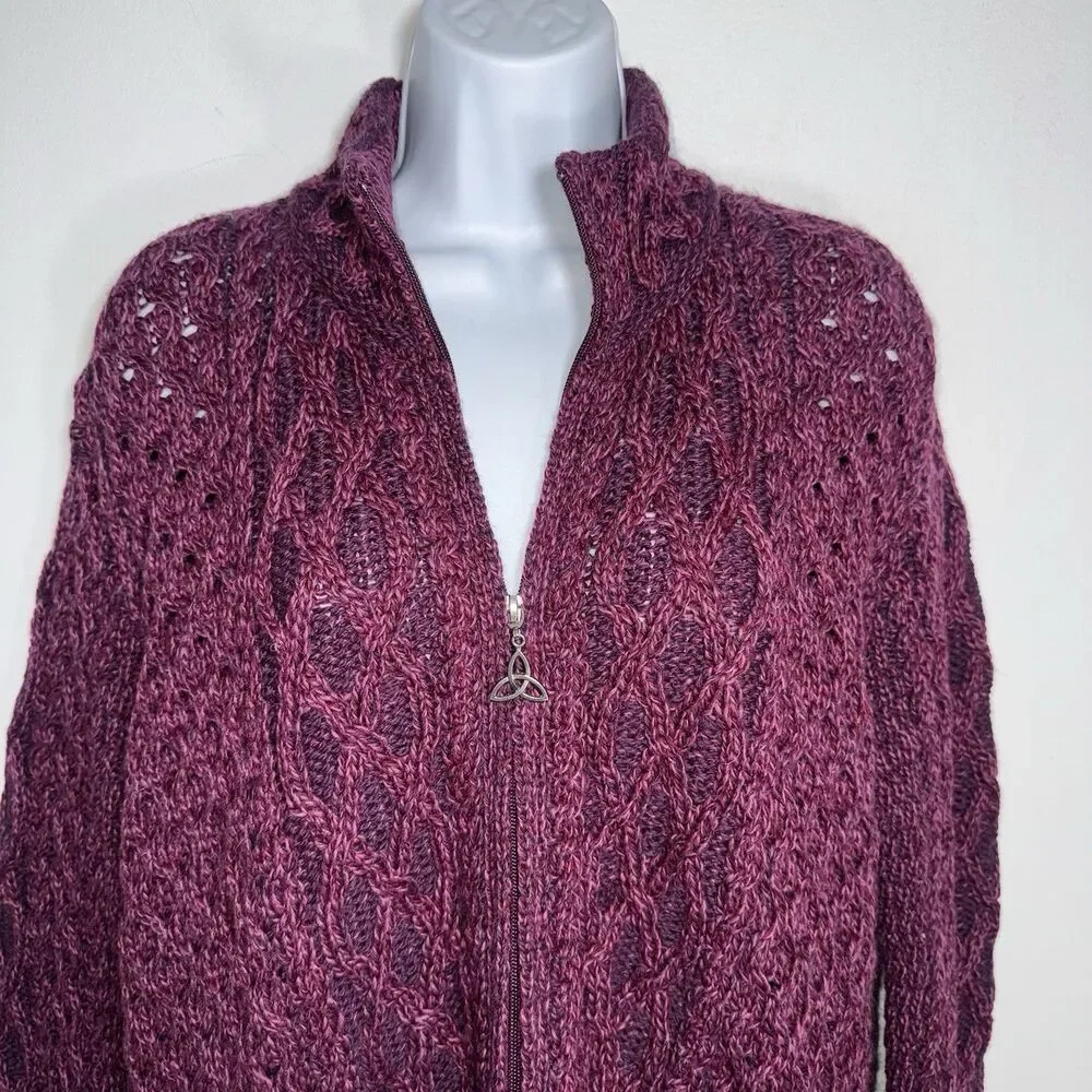Aran Crafts Ireland Women XXL Merino Wool Zip Cardigan Sweater Fisherman Cable - Picture 3 of 10
